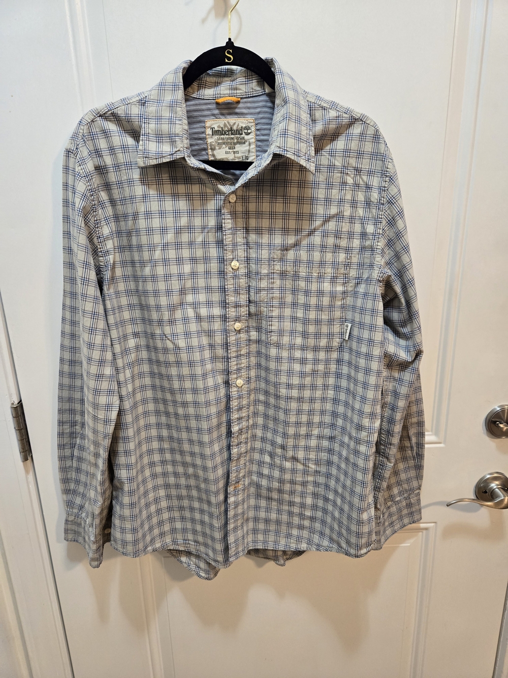 Timberland Blue and Gray Plaid Long-Sleeve Button-Up Shirt